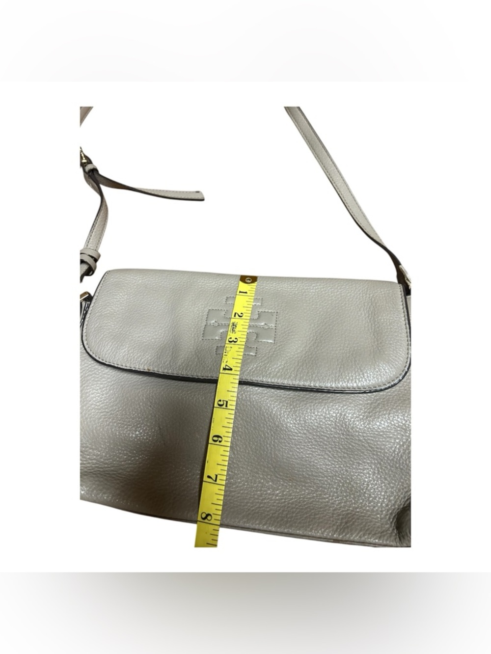 Tory Burch Light Gray Pebbled Leather Shoulder Bag with Tassels - Picture 2 of 8